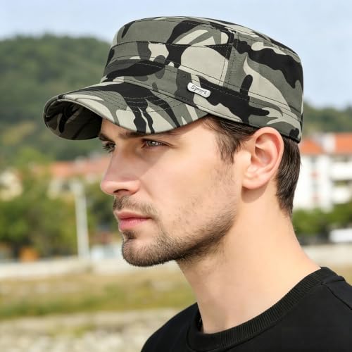 Men Flat Top Hat Cadet Army Cap Twill Cotton Baseball Military Cap - color: A - Light Green ( Camo )