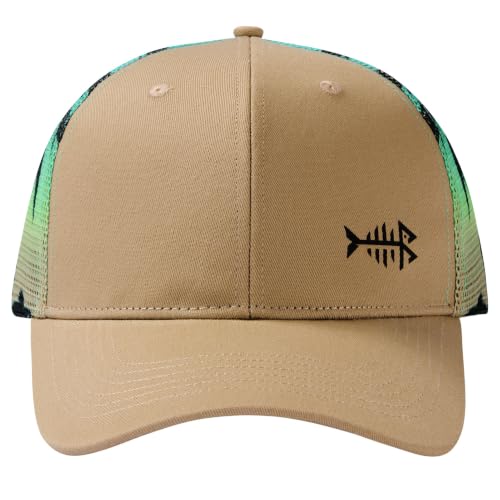 BASSDASH Printed Mesh Trucker Hat for Men Women Adjustable Baseball Cap Fishing Camping Outdoors Sporting Hat with Snap FH20 - color: Khaki/Palm Trees, style: Big Head