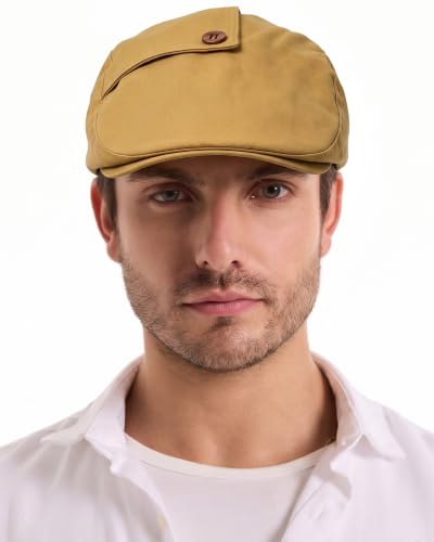 ZLYC Men Cotton Flat Cap Summer Scally Newsboy Beret Driver Hat - color: Button Decor Yellow