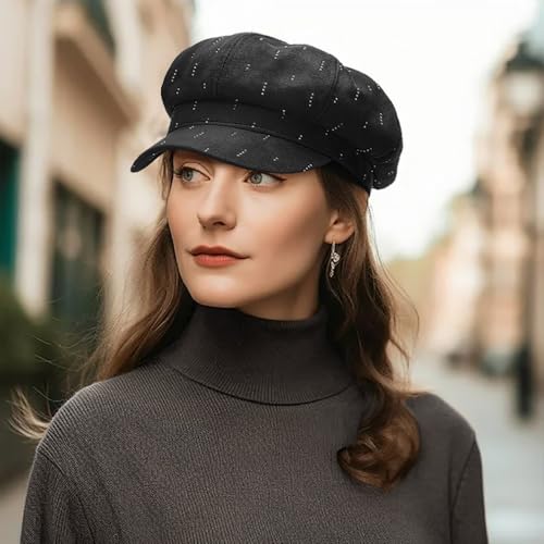 Newsboy Caps for Women Classic Beret Hats Autumn Winter Cap - color: D-black