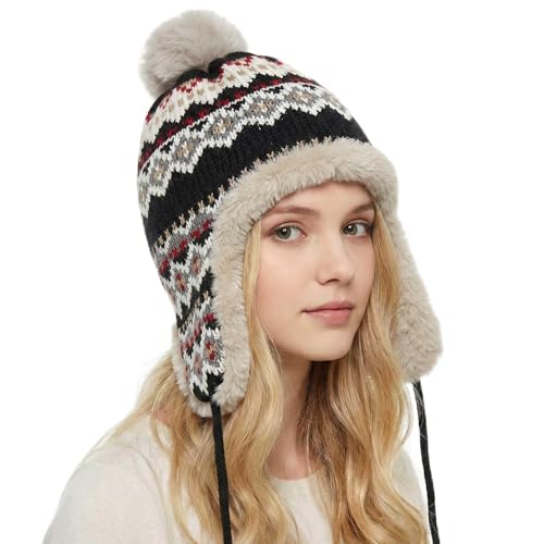 Winter Women Knit Beanie Hat Ear Flaps Trapper Hat Men Toque Warm - color: Black