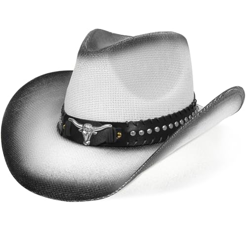 WQWOVRVO Cowboy Hat,Cowgirl Hat,Western Cowboy Hats for Women/Mens/Straw Wide with Shapeable Brim Cowboy Hat for Womens - color: Black & White Color