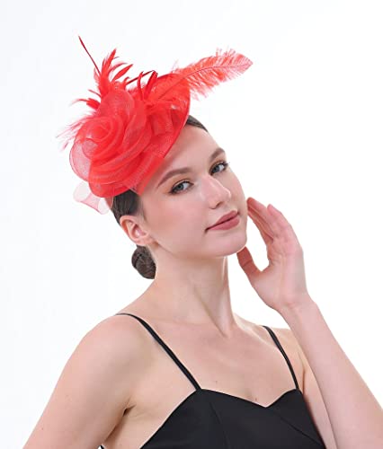 Fascinator Hat with Feather and Mesh – Floral Headpiece for Tea Party, Wedding, Cocktail Event - color: Red