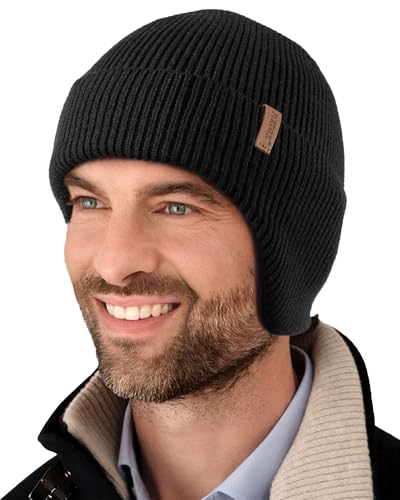FURTALK Mens Winter Fleece Lined Beanie with Earflaps - color: Black