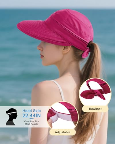 Century Star Sun Hat for Women Wide Brim Zip-Off Beach Hat Visor Ponytail UV Protection Summer Visors - color: Rose Red
