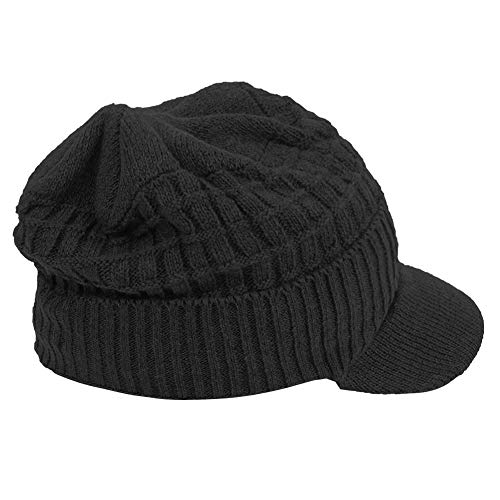 Original One Winter Wool Knitted Chunky Visor Beanie Hat with Brim Fur Lined Peaked Ski Cap - color: Black