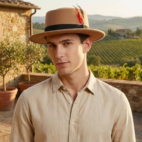 Wool Felt Fedora Hats for Women Men, Wide Brim Flat Top Hat Porkpie Hat, Jazz Hat with Feather Unisex - color: Camel