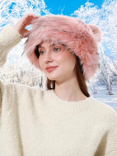 sy soul young Women's Faux Fur Hats with Pompom Warm Knit Beanie Skull Hat - color: Pink