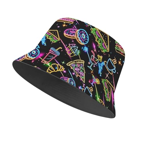 Amasnay Neon Bucket Hat Cotton Double-Side-Wear Reversible Sun Hat for Women Men, Summer Vacation Travel Beach Fisherman Hat - color: Neon Food Funny