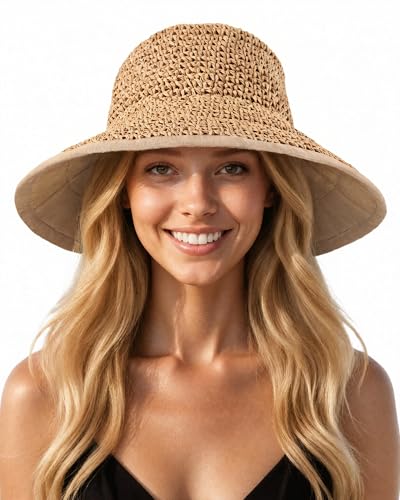 Sun Hats for Women, Summer Beach Straw Wide Brim Bucket Hat - color: Khaki, size: Large