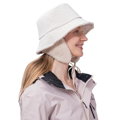Winter Rain Bucket Hat,Fleece Lined Waterproof,Warm Women Ear Flaps - color: Beige