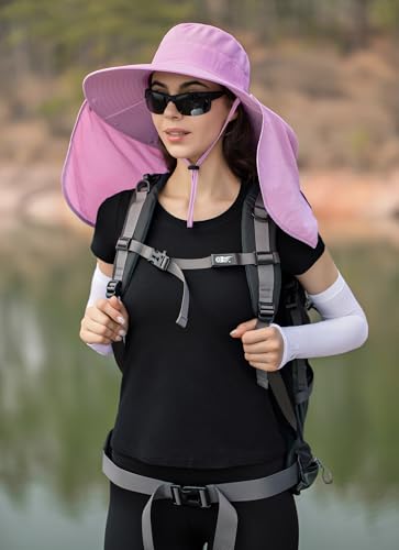 HUAMULAN Women Men Wide Brim Sun Hat Hiking Fishing Hats with Neck Flap - color: Lavender Pink ‌with Mesh Panel