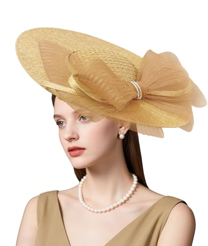 dressfan Wide Brim Fascinator Hats for Women,20s Linen Rhinestones Bow Big Hat for Derby Church Wedding Tea Party - color: Khaki