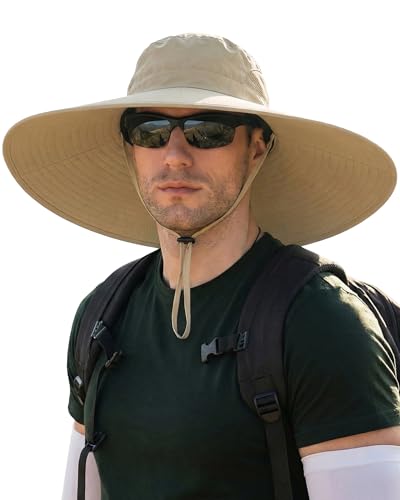 Mens Sun Hat Super Wide Brim Waterproof Breathable Bucket Hats for Men - color: Khaki