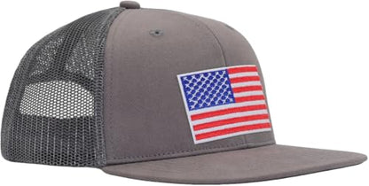 Men Flat Bill USA Flag Mesh Hat Fits OSFM&XXL Head | Snapback Trucker Cap | 250th US Anniversary Veterans Memorial Day Gifts - color: Dark Grey, size: Medium-Large