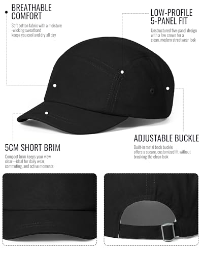 CLAPE Short Brim 5 Panel Hat, Low Profile Breathable Cotton Cap - color: Bs25dy07-black