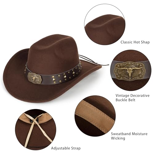Classic Western Cowboy hat for Men Women Wide Brim Cowgirl Hat - color: Brown-longhorn Buckle Belt