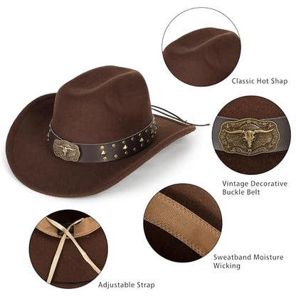 Classic Western Cowboy hat for Men Women Wide Brim Cowgirl Hat - color: Brown-longhorn Buckle Belt