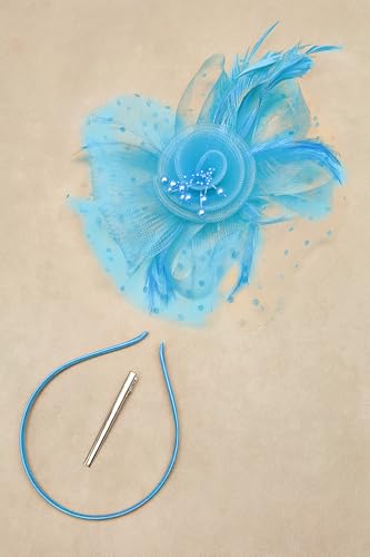 BABEYOND Fascinators Hats for Women Tea Party Flower Tulle Bead Derby Hat - color: Sky Blue