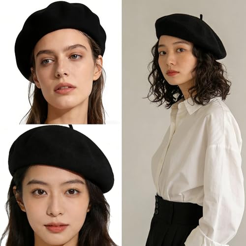 Women French Beret Hat Solid Artist Hat Wool Beret Winter Warm Beanie Cap - color: Black