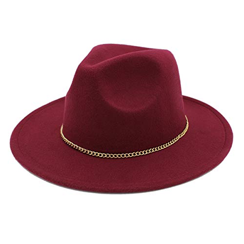 Premium 3" Wide Brim Solid Color Felt Gold Chain Fedora Panama Hat - color: Burgundy
