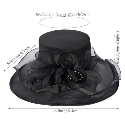 Tea Party Hats for Women Wide Brim Organza Fascinators Hats Elegant Sun Hat for Wedding Cocktail Tea Party Dresses - color: Black