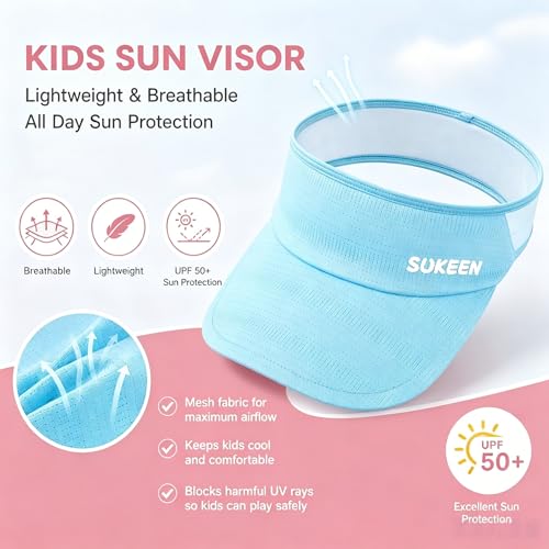 Sukeen Kids Sun Visor Hat for Girls Boys UPF50+ Lightweight Cooling Stretchable Packable Sun Hat - color: Sky Blue