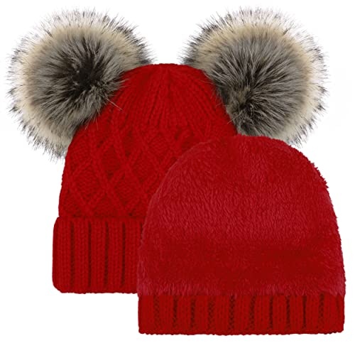 Arctic Paw Womens Winter Hat Cable Knit Beanie for Women Faux Fur Pompom Ears - color: Red_grid