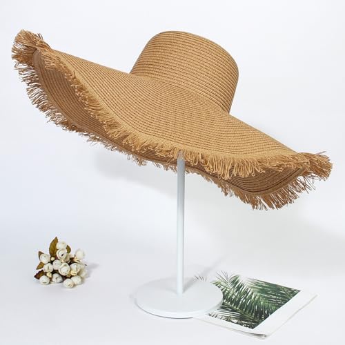 Womens Mens Wide Brim Straw Panama Hat Beach Sun Hat Summer Wide Brim Straw Roll up Hat Fisherman's UPF 50 - color: Beige 1