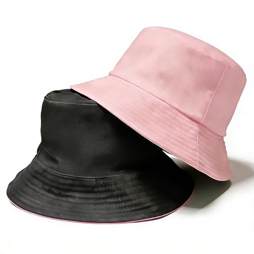 Bucket Hat for Men and Women 2-in-1 Reversible Sun Protection Fashion Flat Top Cap for Fishing Travel Beach Sports - color: Pink-black