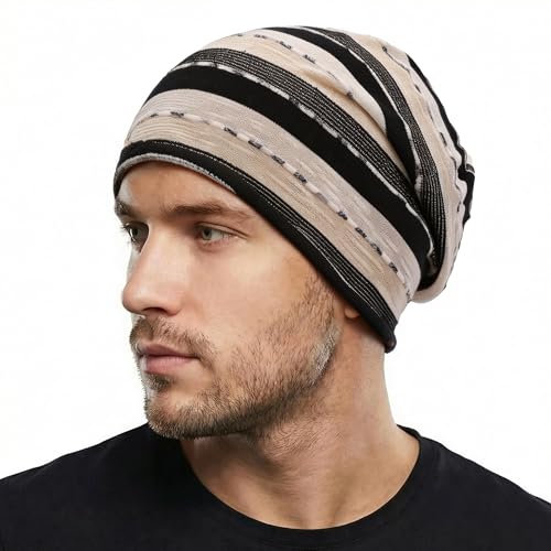 ZLYC Cotton Thin Slouchy Beanie Hat for Men Women Stretch Skull Cap - color: Stripes Black, size: One Size