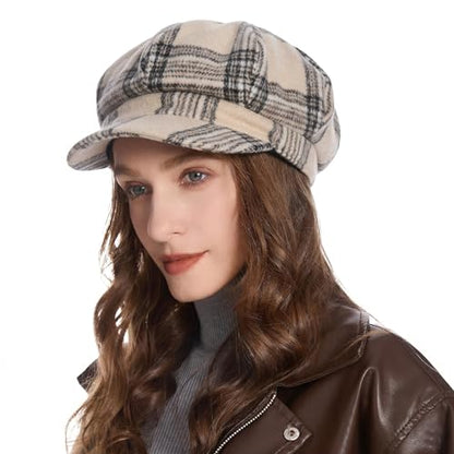 ZLYC Women Classic Newsboy Cap Visor 8 Panel Gatsby Cabbie Paperboy Hat - color: Tartan Plaid Beige