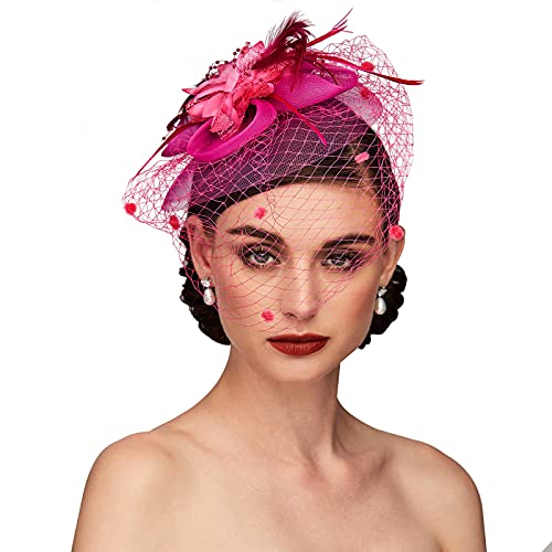 Tea Party Hat Fascinators Hats for Women Vintage Lace Mesh Floral Feather Hair Clip Headband with Veil for Church Wedding - color: Fuchsia