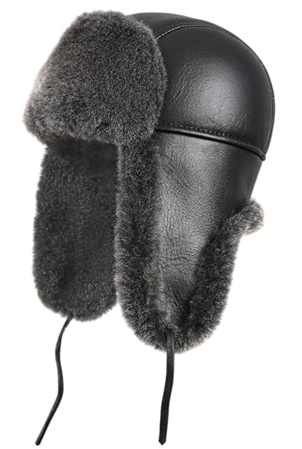 Leather Aviator Shearling Ushanka Trapper Hat Russian Sheepskin Cap Real Fur Winter Hat with Ear Flaps for Men Women - color: Black, size: Medium