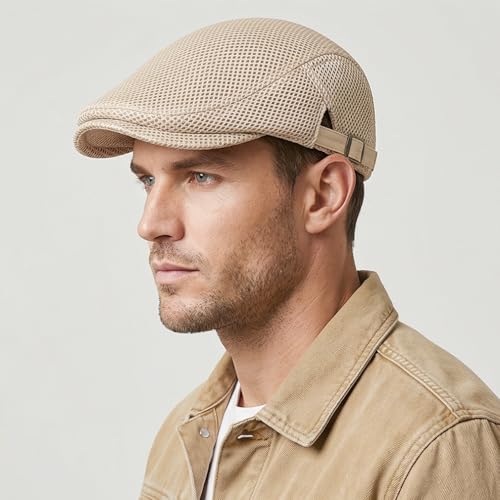 Initlove Mens Mesh Newsboy Cap Breathable Beret Ivy Hat Cabbie Driving Hats for Women - color: Khaki