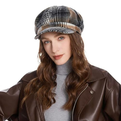 ZLYC Women Classic Newsboy Cap Visor 8 Panel Gatsby Cabbie Paperboy Hat - color: Plaid White and Dark Gray