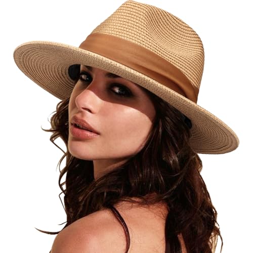 DRESHOW Women Straw Panama Hat Travel Fedora Beach Sun Hat Summer Wide Brim Straw Roll up Hat UPF 50+ - color: Z Panama Straw Hat: Brown B