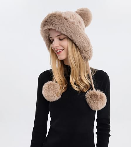 HUAMULAN Women Winter Sherpa Knit Beanie Hats Fleece Lined Ear Flaps - color: Khaki Solid