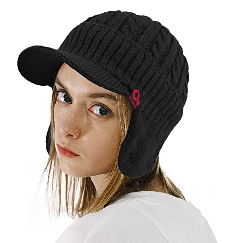 Women's Winter Cable Knitted Visor Beanie Fleece Lining Ear Flap Baseball Cap Hunting Trapper Hat with Billed - color: Black