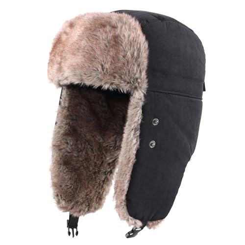 Home Prefer Mens Warm Faux Fur Trooper Trapper Hat Outdoor Reflective Winter Hunting Hat with Ear Flaps Face Mask - color: Black