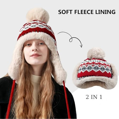haozaikeji Women Winter Trapper Hat Faux Fur Knit Beanie Hat Thermal Earflap Outdoor Cap Pompom Hats Ushanka Hats - color: Red
