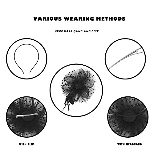 Century Star 2026 Kentucky Hat Derby Fascinator for Women Tea Party Flower Mesh Ribbons Feathers Headband Hair Clips - color: Black