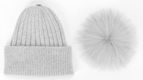 Women's Winter Ribbed Cuffed Beanie Skull Cap with Genuine Raccoon Fur Pom - color: Rc Grey