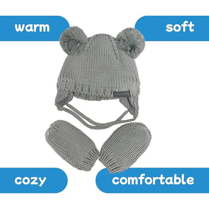 Knitted Colorful Double Pom-Pom Baby Hat and Mittens Set|Warm Winter Newborn Essentials for Boys and Girls 0-6 Months - color: Grey