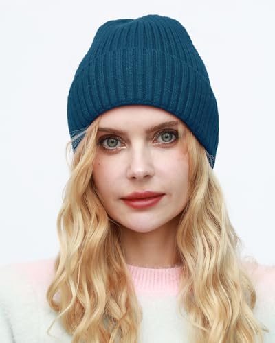 ROYBENS Womens Satin Lined Beanie for Men Wool Knit Cuffed Warm Winter Hats - color: 1pcs-denim Blue