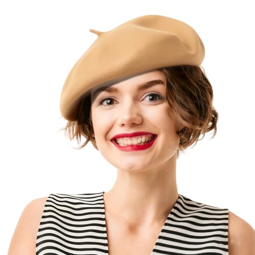 French Beret Hats for Women - Soft Warm Wool Solid Color Beanie Winter Cap - color: Camel