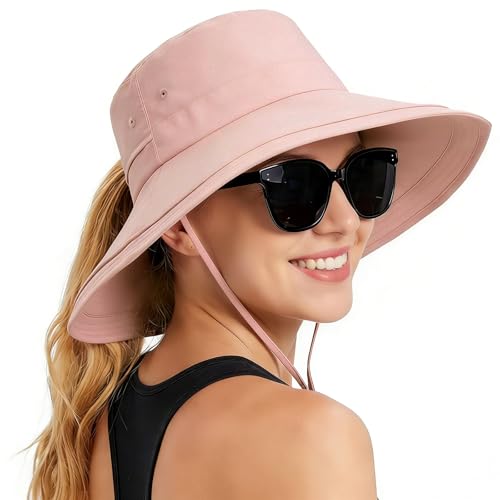 Rosoz Women Sun Hat with Ponytail Hole Wide Brim Bucket Hats UPF 50+ Beach Hiking Gardening Hat Water-Resistant Outdoot Hat - color: Pink