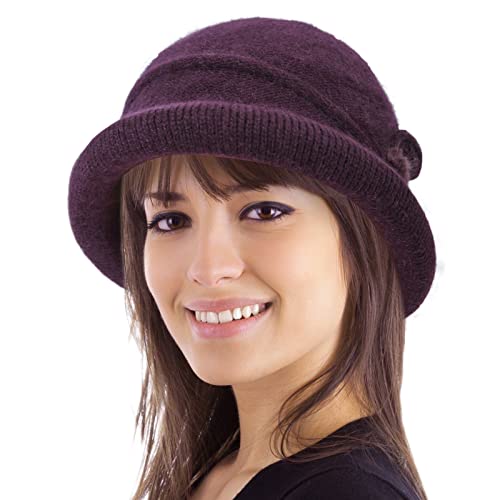Women Winter Knit 1920s Vintage Bucket Bowler Hat Round Brim Warm Hat - color: 1wine Red