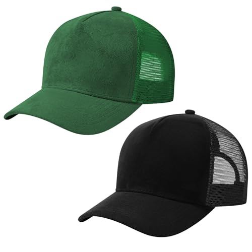 Suede Curved Brim Trucker Cap Adjustable Snapback Hat Mesh Back Breathable for Men Women 2 Pack SH03 - color: Pack of 2, Black & Green