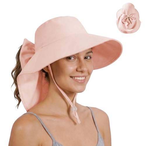 Womens Ponytail Hole Sun Hat with Neck Flap Outdoor UPF 50+ - color: Pink
